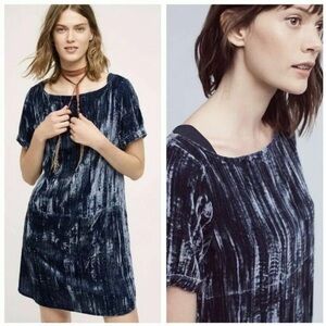 Anthropologie Floreat Womens Crush Velvet Shift Dress Blue S Lined Short Sleeve